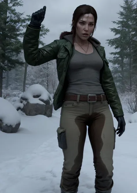 (pp clothes), full body, screenshot from rise of the tomb raider, lara croft, side view, snow<lora:ppclothesjan19v1:1.4>