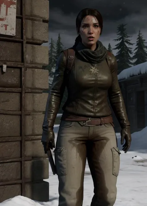 (pp clothes), full body, screenshot from rise of the tomb raider, lara croft, side view, snow<lora:ppclothesjan19v1:1.4>