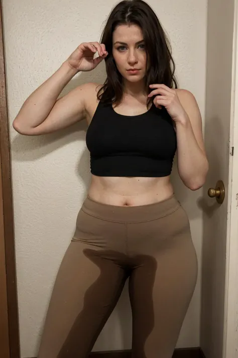 a view of an irish woman, brunette hair, in an old Chicago apartment, tank top, topless, big boobs, pointing at her crotch, chubby, leggings, pp clothes   <lora:ppclothesjan19v1-10:1.2>