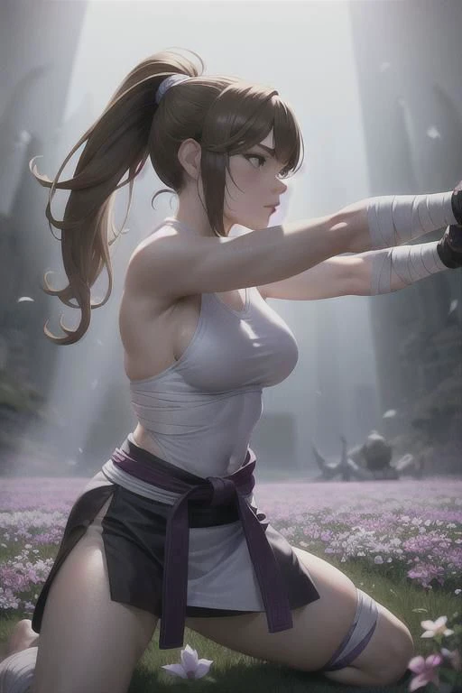 1 woman, martial artist, highly detailed, character design, light brown hair, messy ponytail, stretching, white blue purple, complex lighting, flower field, sharp lines, epic, bandages,