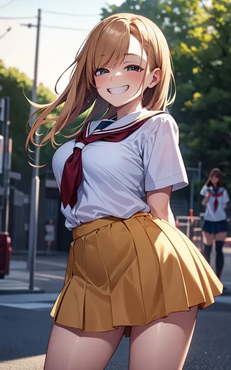 (ultra high res, ultra detailed, high resolution, highly detailed, 4k, 8k), an extremely delicate and beautiful, arms behind back, school, high school, tied shirt, school uniform, smiley face, grin, gyaru, <lora:gyaru_grin_v1.0:1.5>, <lora:AnimeGal_v10:0.6...