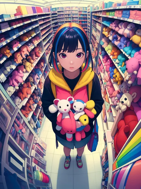 (masterpiece, best quality), (colorful:1.4), from above, solo, 1girl standing in a store with lots of stuffed animals on the shelves and a bag of stuff, depth of field, fisheye lens