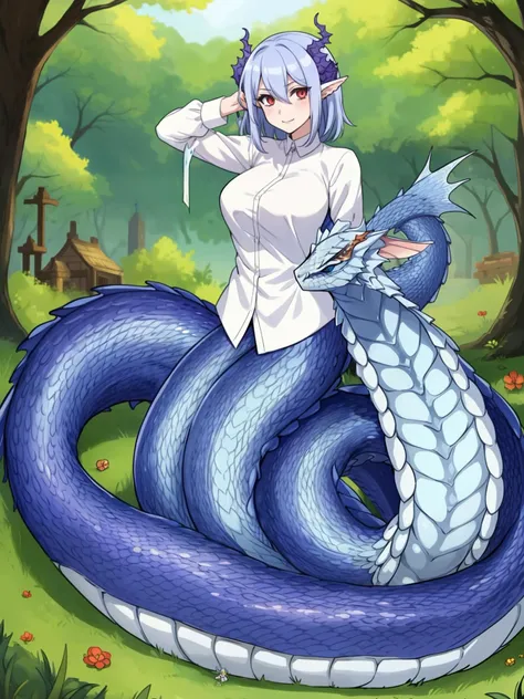 wallpaper of a monster girl and lamia and scales, white shirt, full body, outdoors, (masterpiece) and (best quality)