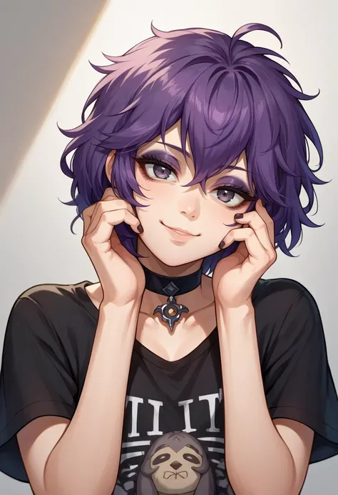 score_9, score_8_up, source_anime, 1girl, solo, defBernie, messy hair, purple hair, black shirt, t-shirt, black choker, black choker, goth, eyeliner, eyeshadow, light smile, head tilt, hands on own cheeks, <lora:bernadetta-pdxl-nvwls-v1:1>