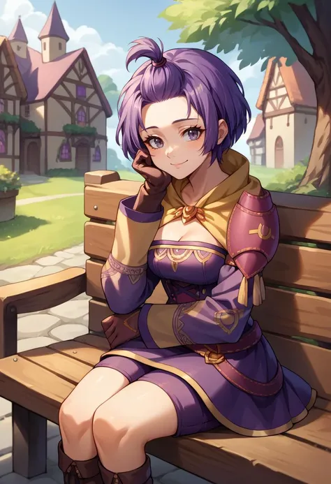 score_9, score_8_up, source_anime, 1girl, solo, hopesBernie, topknot, shoulder pads, purple dress, cross-laced dress, long sleeves, short dress, skirt, purple shorts, cleavage, belt, gloves, sitting, on bench, medieval village, head rest, smile, <lora:bern...