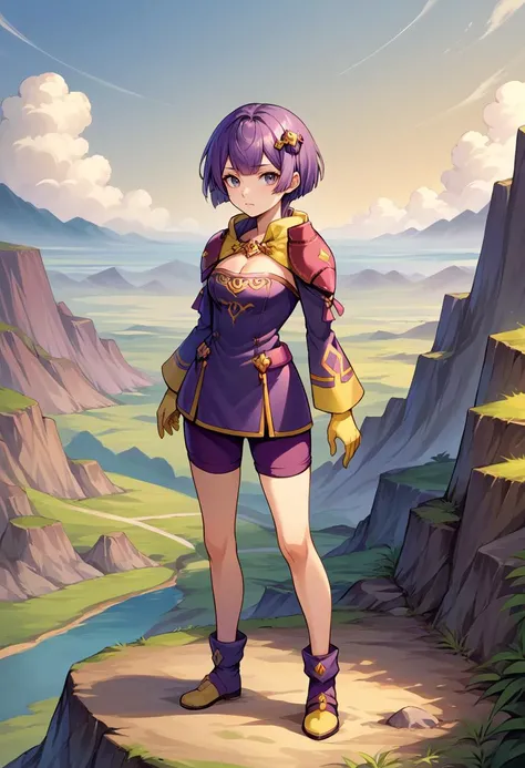 score_9, score_8_up, source_anime, 1girl, solo, warBernie, short hair, hair ornament, shoulder pads, purple dress, short dress, long sleeves, purple shorts, cleavage, yellow gloves, standing, full body, wide shot, landscape, epic, <lora:bernadetta-pdxl-nvw...