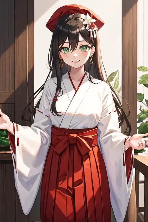 best quality, masterpiece, highres, solo, {white kimono:1.35}, {red hakama:1.35}, {wide sleeves:1.20}, {hanazono_tae_bangdream:1.15}, long_hair, green_eyes, bangs, smile, blush, black_hair, brown_hair, hair_between_eyes