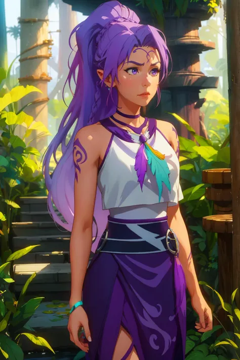 ((remorseful)),1girl, solo, masterpiece, best quality, <lora:Char_lese-AiraWindwhistler:0.7> airawindwhistler, purple hair, purple eyes, tattoos, gradient hair,  with a mangrove forest in the background, delicate ladybug on a leaf in the foreground, ((colu...