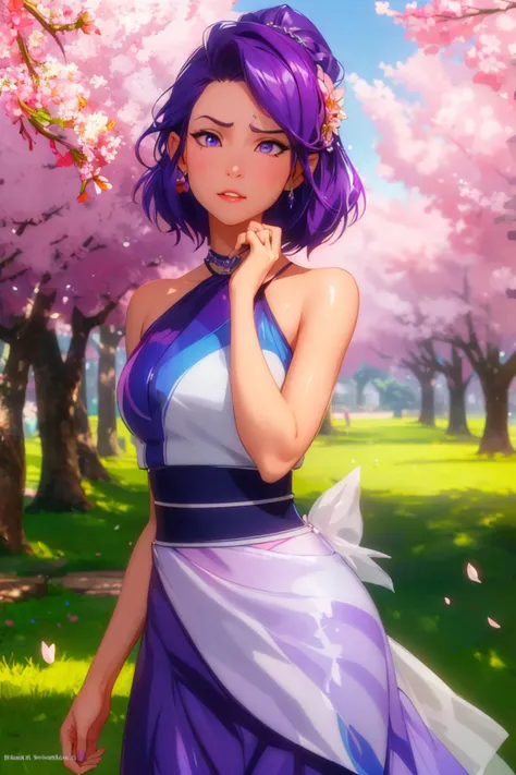 ((unhappy)),1girl, solo, masterpiece, best quality, <lora:Char_lese-AiraWindwhistler:0.5> airawindwhistler, purple hair, purple eyes, gradient hair,  with a sunrise in the background, blossoming cherry blossom tree in the foreground, ((wedding ballgown)) ,...