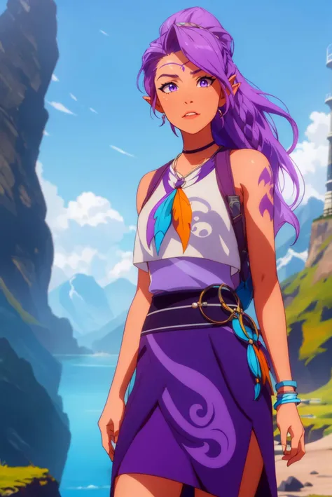 ((shameless)),1girl, solo, masterpiece, best quality, <lora:Char_lese-AiraWindwhistler:0.7> airawindwhistler, purple hair, purple eyes, tattoos, gradient hair,  with a glacier in the background, towering lighthouse on a cliff, ((sundress dress)) ,((<lora:T...