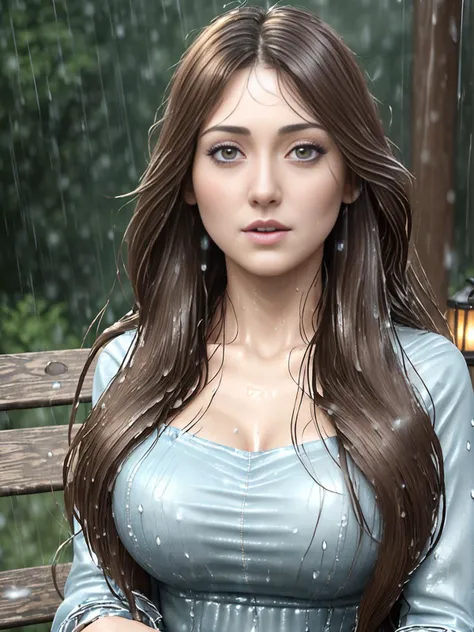 masterpiece, highest quality, 4k, (award winning:1.2) realistic photo of JessChobot, sitting outside on a bench at night time while its raining and getting her hair wet, water droplets on her face, ((wet hair)),looking off in the distance with a relaxed lo...