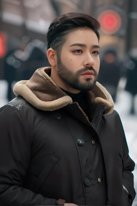 man standing with one hand on chin, lost in thought, chestnut mid fade, mutton chops shaving, wearing black parka, stretch marks...