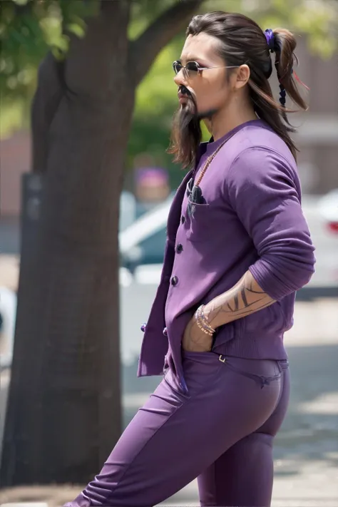 man hands in the pocket look at the viewer from the side, mahogany classic taper, Jack Sparrow beard, wearing lavender purple yoga pants, melasma || photorealistic, skin, fabric, hair, masterpiece, 8k, high resolution, shallow depth of field, sharp focus