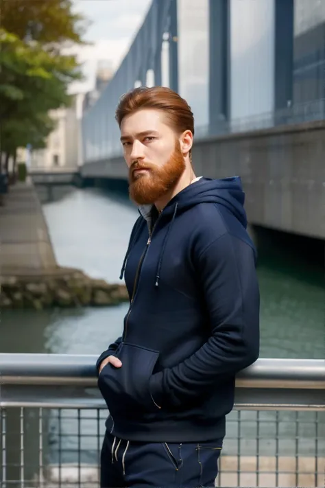 man leaning against a railing with one hand on hip, ginger short wavy crop, french beard, wearing navy blue zip-up hoodie, keloi...