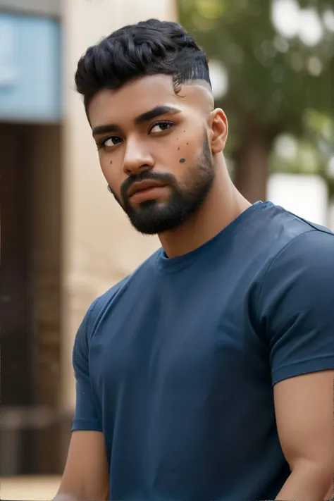 man standing with one hand on chin, lost in thought, ash brown skin fade, tapered beard, wearing blue plain t-shirt, birthmarks ...