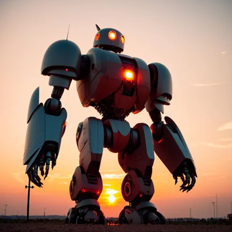 photo, a giant robot standing in front of a sunset (mecharoboto style:1) <lora:djzMechaRobotoV21:0.8>