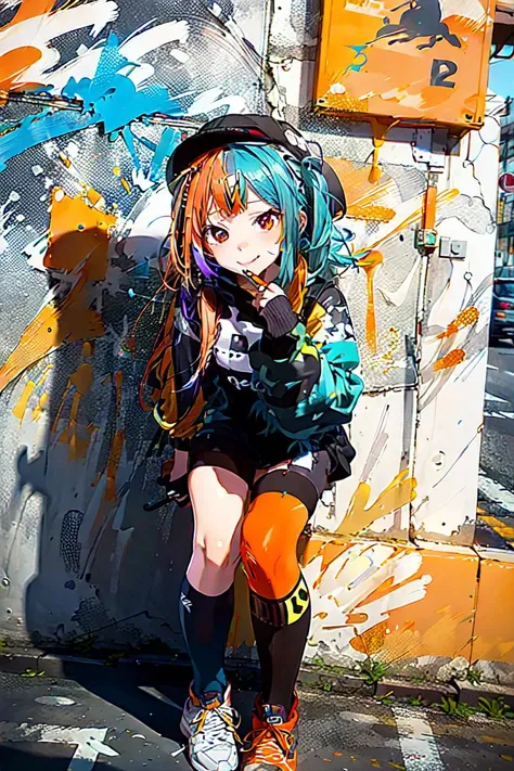 ((masterpiece, best quality, vector lines art style, clear colors, cute hlfcol haired girl with orange and blue short-length-twintail-hair confident smile face solo street-artist girl painting to the wall)), (purple painter apron, detailed hands, yellow ho...