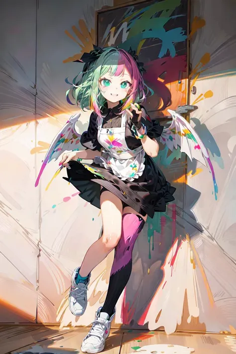 (masterpiece, best quality), solo cute green and pink hlfcol haired short twintail hair smug laugh face huge paintbrush gripping detailed hands painter apron black skirt striped long kneesocks sneaker legs artist boastful angel and devil girl BREAK (colorf...