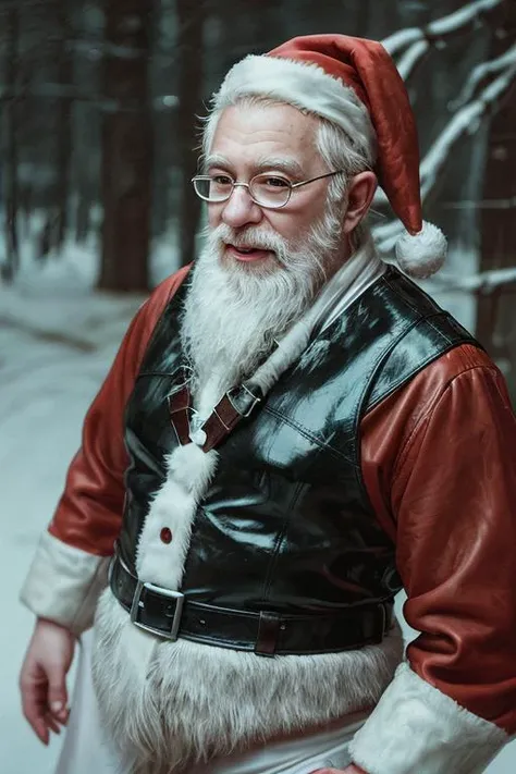 santa claus in  leather outfit, bdsm,  bokeh, photo, photography, old man with white beard, detailed skin, snowy background bokeh, camera, pjw style <lora:pjw_style:1>