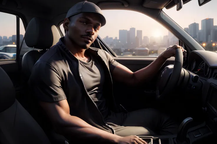 front view, hyperrealistic, (masterpiece), high details, ultra-realistic, photograph of (<lora:rhyheimsv3:1> rhyheims, black man, bald, facial hair, dark skin, male focus), sitting in a convertable, car interior, behind steering wheel, dashboard, carseat, ...