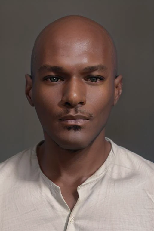 <lora:rhyheimsv3:1> rhyheims, black man, bald, dark skin, brown eyes, professional studio quality modeling headshot, 4K, simple dark background, dramatic lighting, neutral expression, realistic skin, fine detail, shirt, ultra realistic photograph, professi...