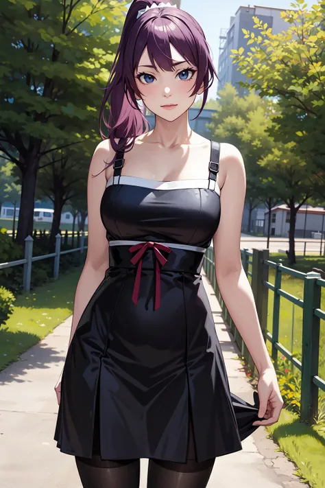 masterpiece, best quality, highres, sh1, senjougahara hitagi, long hair, ponytail, black dress, pantyhose, <lora:senjougahara_hitagi_v2:0.7>, thighs, breasts, outdoors, standing