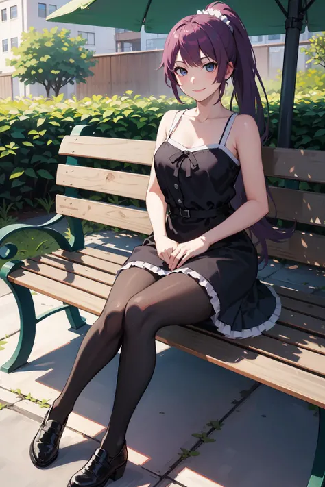 masterpiece, best quality, highres, sh1, senjougahara hitagi, long hair, ponytail, black dress, pantyhose, <lora:senjougahara_hitagi_v2:0.7>, thighs, breasts, outdoors, sitting, bench, smile