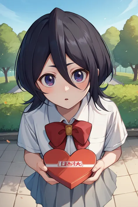 anime girl holding a heart shaped box with a message on it