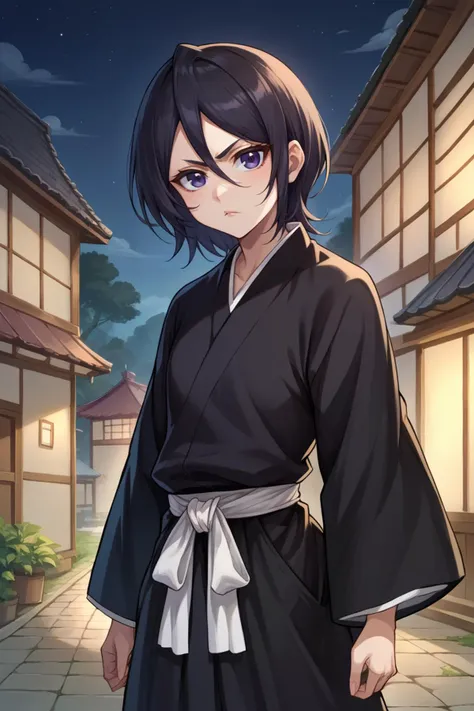 a woman in a black kimono standing in front of a building