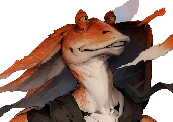 masterpiece, best quality, jar jar binks, Beautiful Art Style, headshot, traditional, beach, IncrsPersCutIn, simple background,  <lora:PersonaCutInV2:0.8> <lora:jarJarBinksGunganStar_v3:0.8>