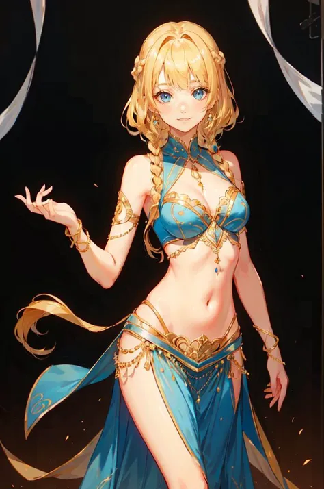 <lora:belly_dance_dress:0.5> wearing belly dance dress, dancing, blue theme,, ultra detailed, masterpiece, best quality, aesthetic, detailed,, solo, soft smile, light smile,
1girl, blue eyes, very long hair, blonde hair, long blonde hair, french braid, ban...