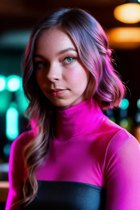 photo of extremely sexy ( Emmmyers:1.1), a woman as a sexy student, closeup portrait upsweep updo, (Neon Pink tight long sleeve turtleneck top), at a cantina sitting bar (masterpiece:1.5) (photorealistic:1.1) (bokeh) (best quality) (detailed skin texture p...