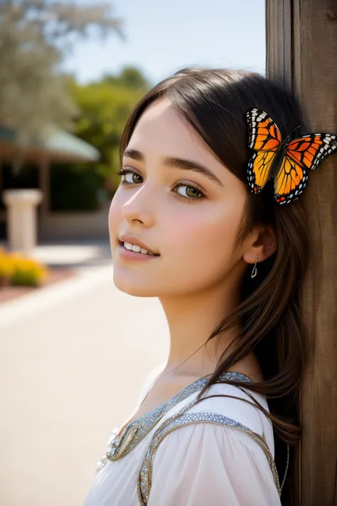 a close up of a young woman with a butterfly on her head