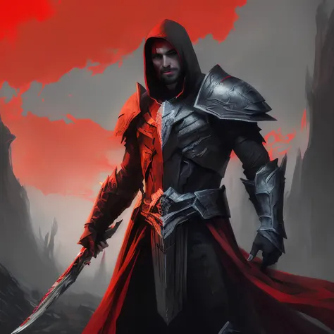 a man in a red cloak holding a sword in front of a red sky