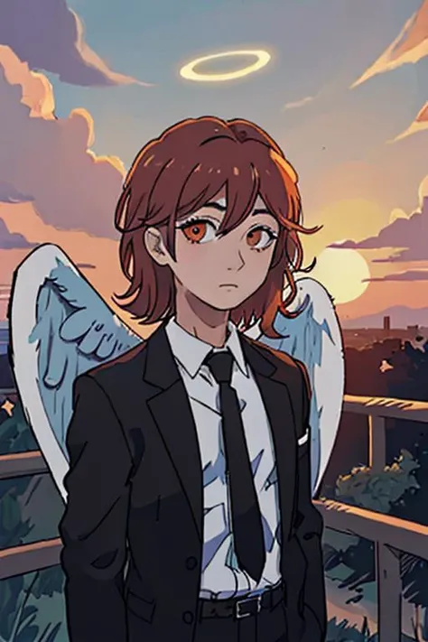 (masterpiece, best quality:1.2), upper body, solo, male focus, 1boy, angeldevil, expressionless, looking at viewer, halo, suit, black jacket, black necktie, angel wings, sunset, clouds <lora:csm_angeldevil:1.0>