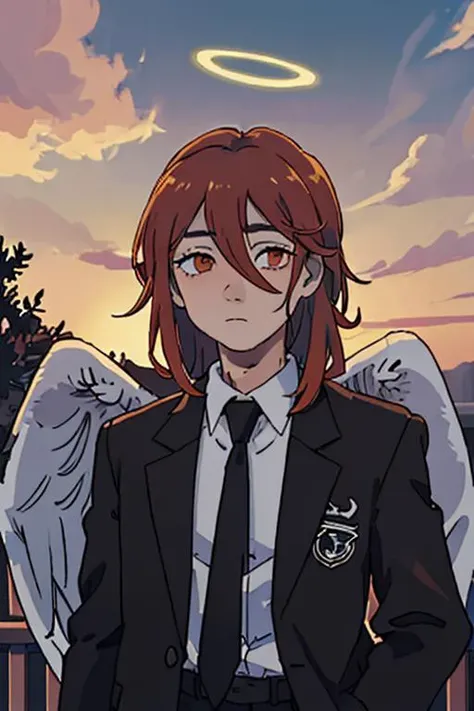 (masterpiece, best quality:1.2), upper body, solo, male focus, 1boy, angeldevil, expressionless, looking at viewer, halo, suit, black jacket, black necktie, angel wings, sunset, clouds <lora:csm_angeldevil:1.0>