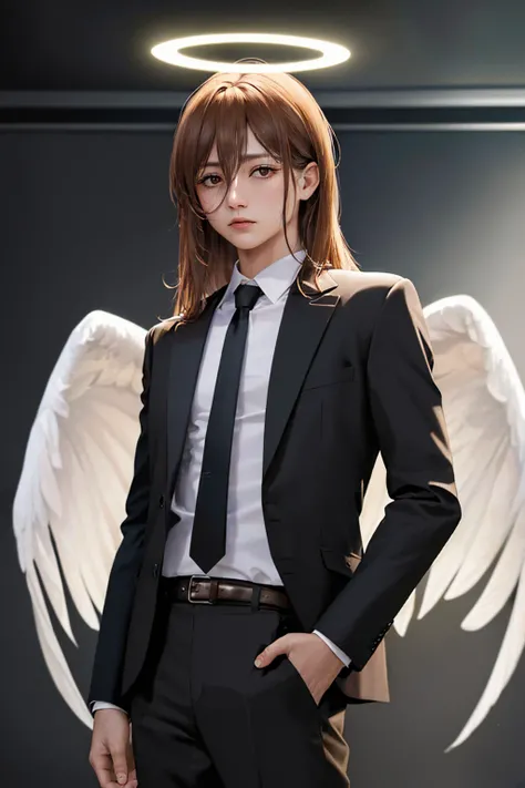 (masterpiece, best quality:1.2), cowboy shot, solo, male focus, 1boy, angeldevil, expressionless, looking at viewer, halo, suit, black jacket, black necktie, black pants, angel wings <lora:csm_angeldevil:1.0>