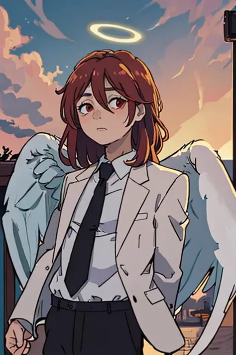 (masterpiece, best quality:1.2), upper body, solo, male focus, 1boy, angeldevil, expressionless, looking at viewer, halo, suit, black jacket, black necktie, angel wings, sunset, clouds <lora:csm_angeldevil:1.0>