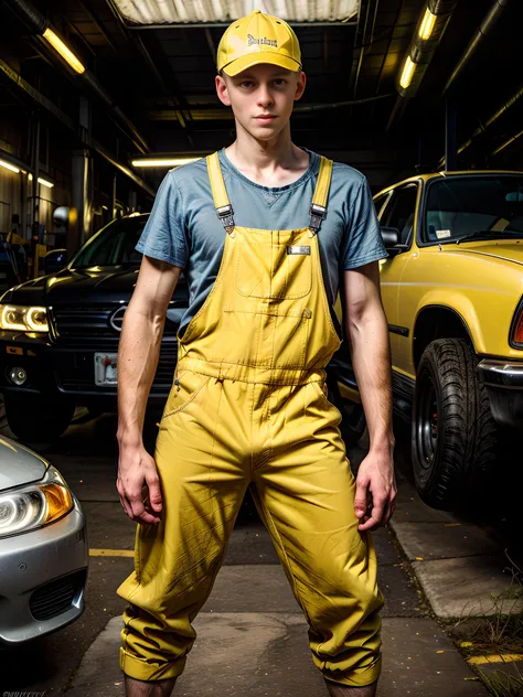 arafed man in overalls and a hat standing in a garage