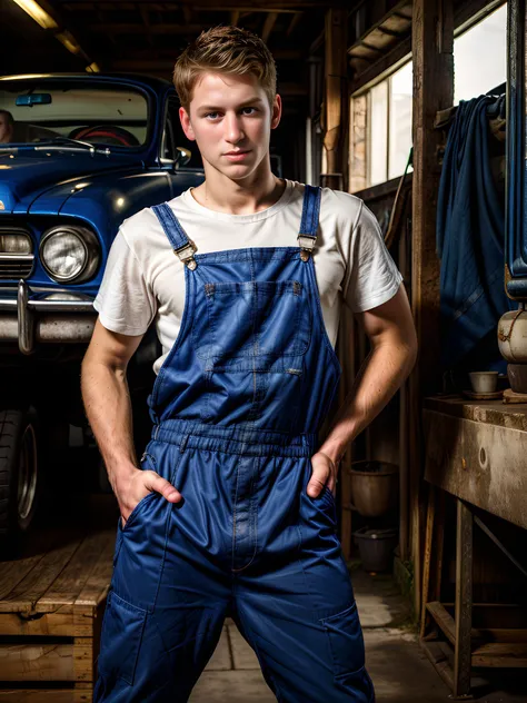 arafed man in overalls standing in front of a blue car