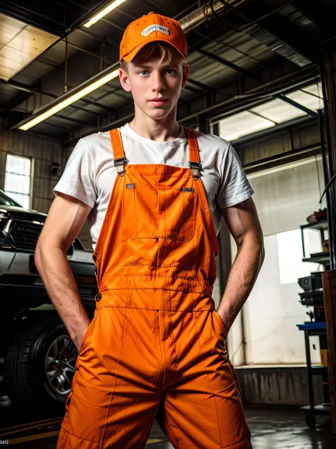 arafed man in an orange overalls and a hat stands in a garage