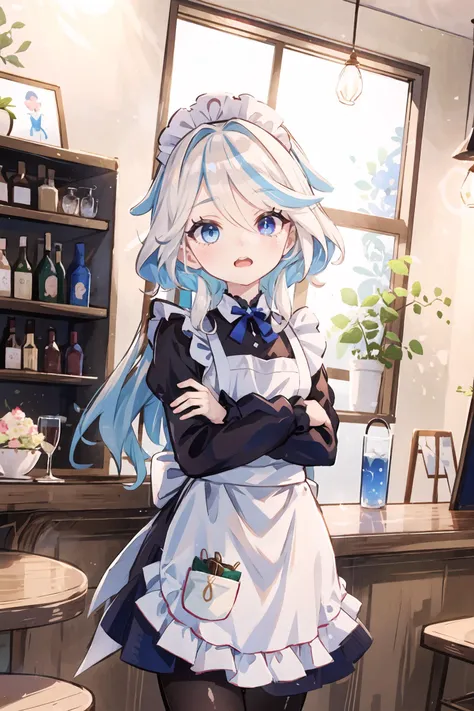 1girl, focalors (genshin impact), heterochromia, solo, maid, maid headdress, maid apron, embarrassed, pantyhose, open mouth, blush, parted lips, looking at viewer, cowboy shot, bar (place), indoors, depth of field, masterpiece