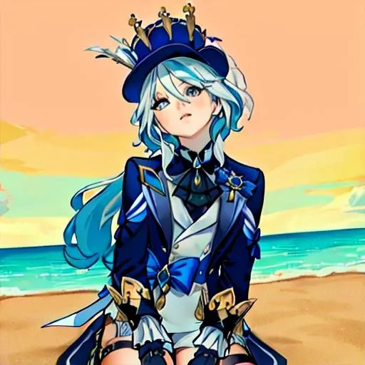 <lora:Char-Genshin-Furina-v2:0.9> 1girl, furina (genshin impact), heterochromia, mismatched gloves, top hat, blue jacket, short shorts, thigh strap, high heels, frilled socks, waist cape, sitting on top of a sandy beach