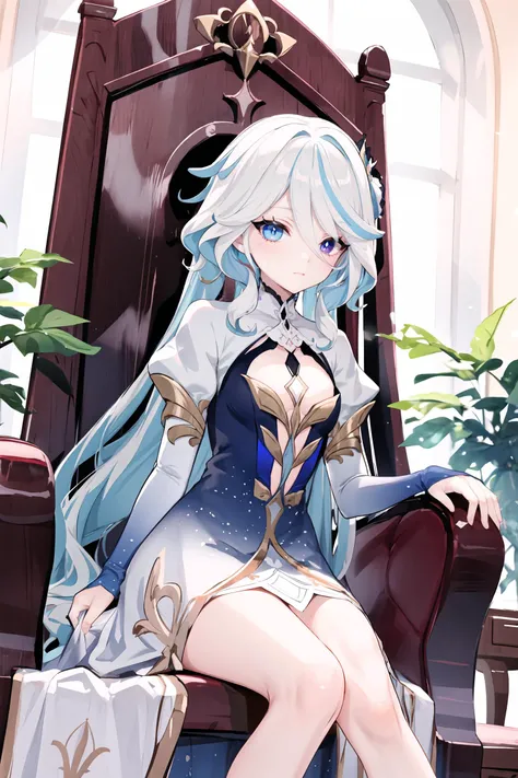 1girl, focalors (genshin impact), heterochromia, anklet, evening gown, long dress, juliet sleeves, bridal gauntlets, barefoot, looking at viewer, sitting, smirk, throne, indoors, masterpiece