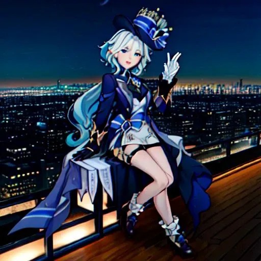 furina (genshin impact), heterochromia, mismatched gloves, top hat, blue jacket, ascot, waist bow, short shorts, thigh strap, high heels, frilled socks, waist cape <lora:Char-Genshin-Furina-v2:0.9> 1girl, furina (genshin impact), heterochromia, mismatched ...