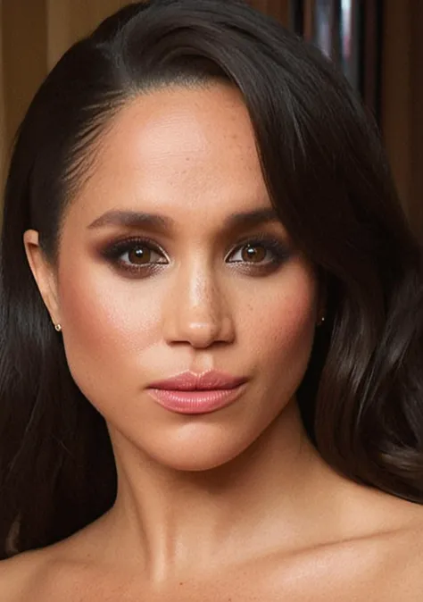 Masterpiece, Professional sharp photoshoot, Ultra realistic high definition superb Meghan Markle, Seductrice, Ultra realistic high definition micro detail superb brown eyes, Ultra realistic high definition micro detail superb thick glossy lips, Warm profes...