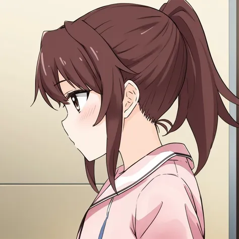 a close up of a person with a ponytail in a room