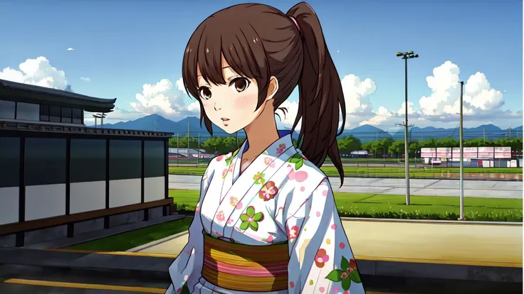 anime girl in kimono outfit walking down the street in front of a building