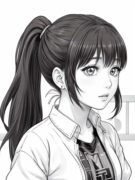 anime girl with ponytail hair and tie looking at camera