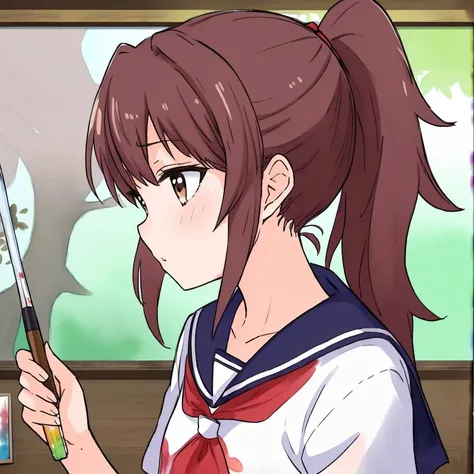 anime girl with ponytail holding a knife and a paintbrush